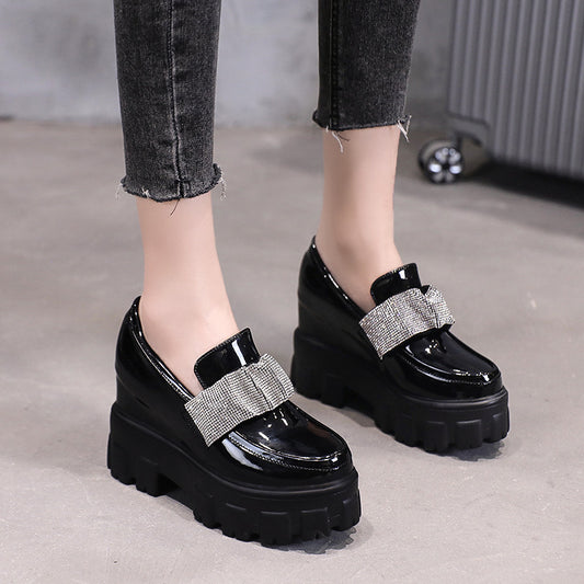Zapatos de Cuero Charol Estilo Británico con Plataforma y Punta Redonda