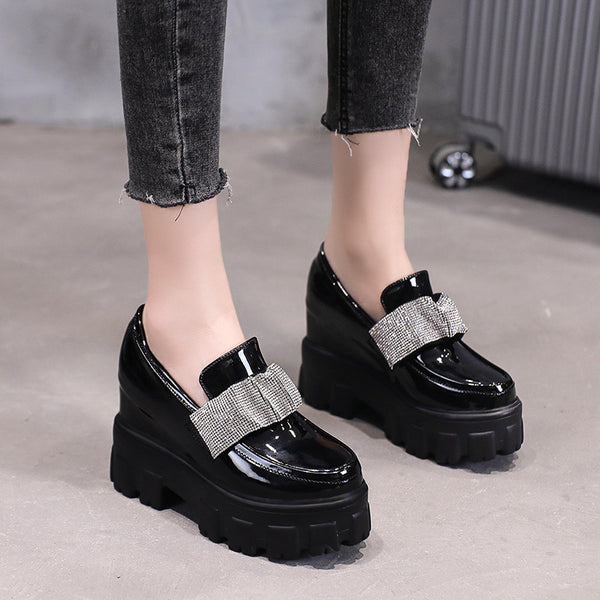 Zapatos de Cuero Charol Estilo Británico con Plataforma y Punta Redonda