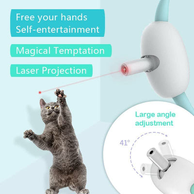 Smart USB charging laser cat collar in white and teal, with a USB cable, shown with a cat playing with the laser. - Image 4