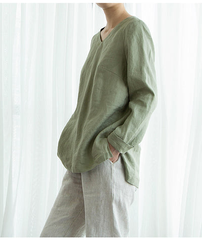 Blusa de Lino Puro Cuello V Manga Larga para Mujer - Image 11