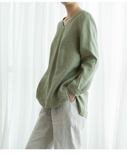 Blusa de Lino Puro Cuello V Manga Larga para Mujer - Image 11