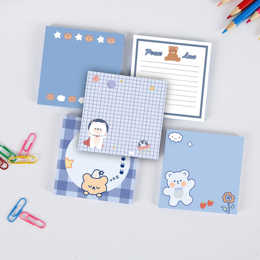 Cute square sticky notes with a brown cartoon bear, "Peace Love" text, and dotted lines on a white background. - Image 12