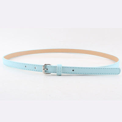 Thin brown imitation leather belt with a small silver D-shaped pin buckle, displayed on a white background. - Image 17