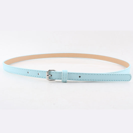 Thin brown imitation leather belt with a small silver D-shaped pin buckle, displayed on a white background. - Image 17