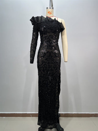 Vestido Negro con Lentejuelas y Hombro Descubierto - Diseño Elegante con Abertura - Image 11