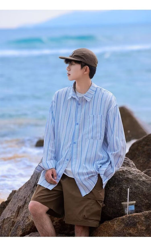 Camisa de Manga Larga Protección Solar Holgada a Rayas para Hombre - Image 16