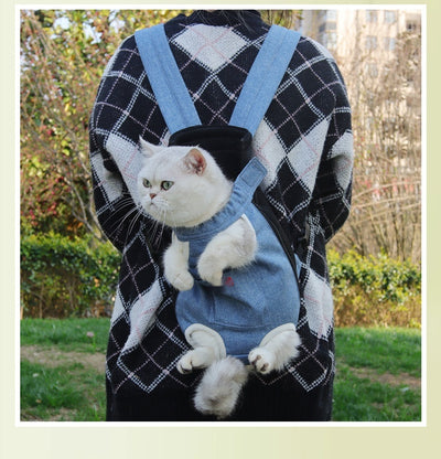 Denim blue pet carrier backpack with open head and leg holes, featuring breathable mesh and a front pocket. - Image 13