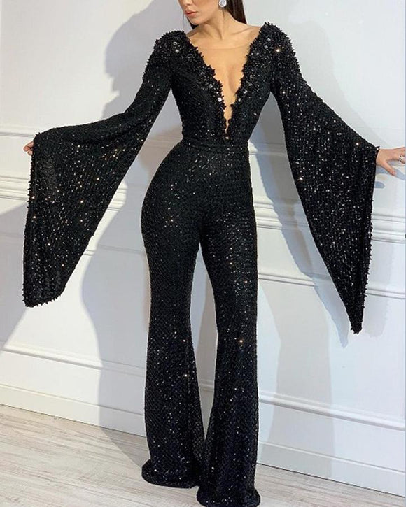Jumpsuit con Lentejuelas y Cuello en V