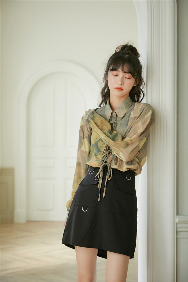 Camisa Manga Larga Estilo Óleo Retro con Moño