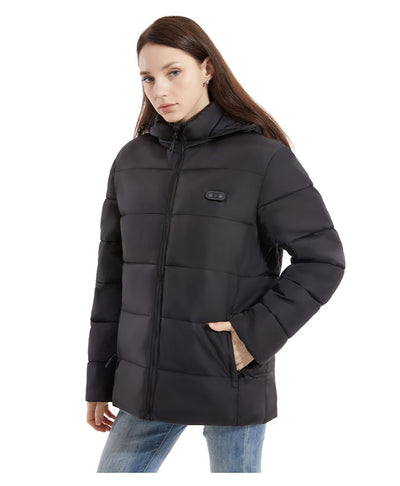Man and woman modeling black smart heating puffer jackets with hoods, zippered pockets, and horizontal quilting. - Image 15