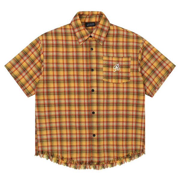 Camisa Cuadros Amarilla con Bolsillo Bordado - Unisex Manga Corta