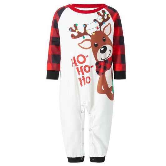 White and red plaid Christmas romper with a reindeer graphic wearing a scarf and "HO-HO-Ho" text. - Image 2