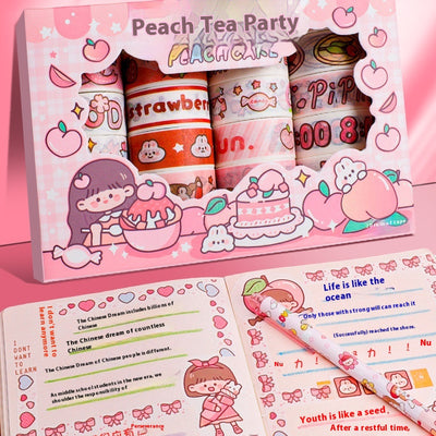 Set of 20 rolls of cute cartoon washi tape in a pink 'Peach Tea Talk' gift box, featuring peach, strawberry, and bear designs. - Image 4