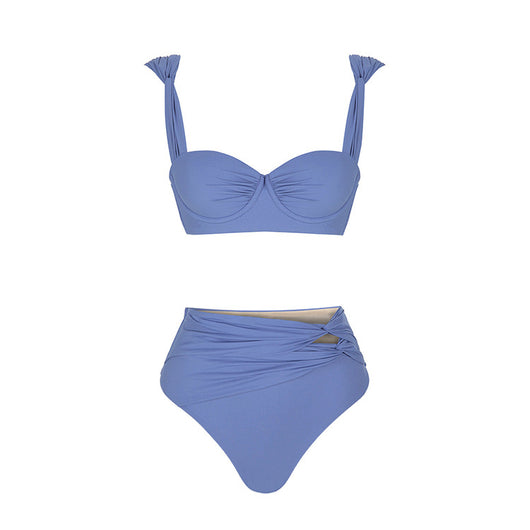 Periwinkle blue three-piece swimsuit set with bandeau bikini top, high-waisted twisted bikini bottom, and maxi sarong skirt. - Image 28
