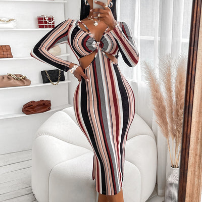 Vestido de Manga Larga a Rayas con Pecho Cruzado para Mujer - Image 9