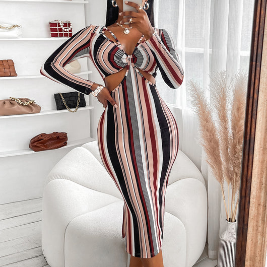Vestido de Manga Larga a Rayas con Pecho Cruzado para Mujer - Image 9