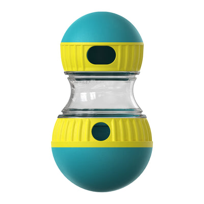 Teal and yellow food dispensing dog toy with a clear middle section and treat holes, designed for slow feeding. - Image 15