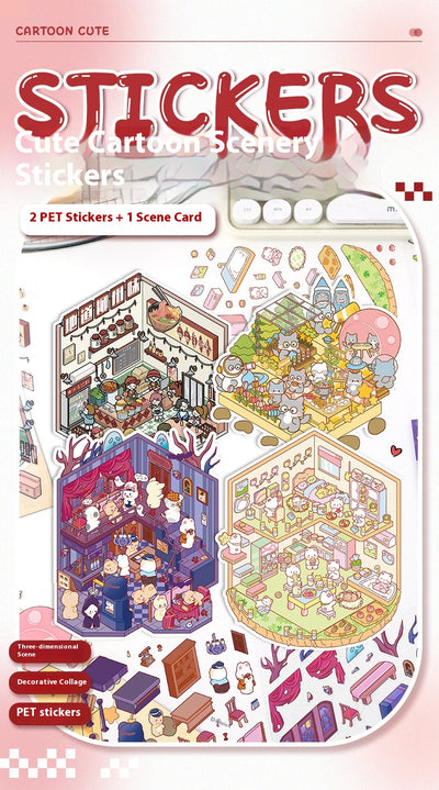 Diy Notebook Decompression Stacking Miniature Sticker set featuring a cute cartoon hot pot shop scene with animal characters. - Image 43