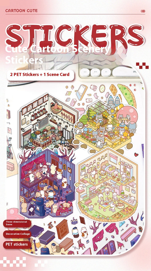 Diy Notebook Decompression Stacking Miniature Sticker set featuring a cute cartoon hot pot shop scene with animal characters. - Image 43