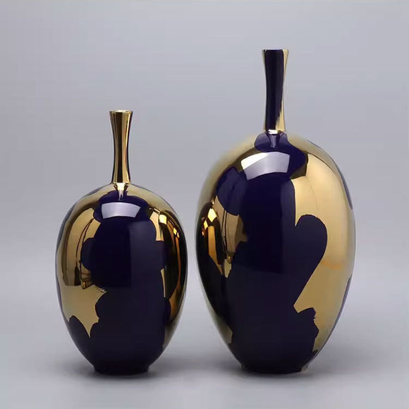 Jarrón Alto de Lujo Azul Gema con Baño de Oro - Decoración Moderna