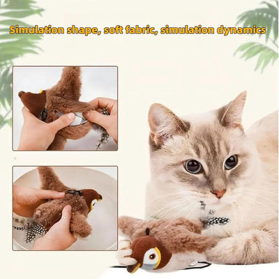 Plush brown and white bird cat toy with yellow accents, a feather tail, and a black clip on its back. - Image 7