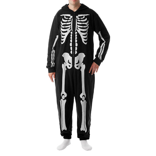 Black hooded one-piece skeleton pajamas with white bone print and front zipper, perfect for Halloween. - Image 13