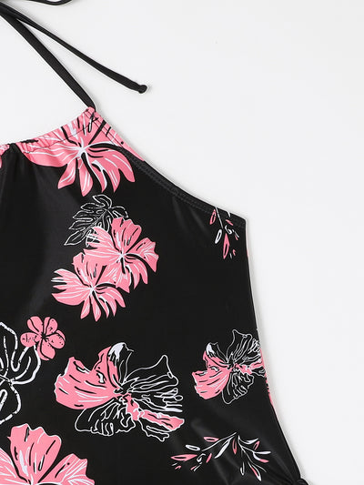 Black halter-neck tankini swimsuit with pink and white floral print, paired with solid black high-cut bikini bottoms. - Image 13