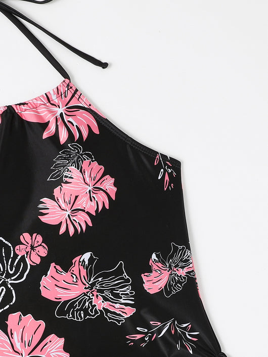 Black halter-neck tankini swimsuit with pink and white floral print, paired with solid black high-cut bikini bottoms. - Image 13