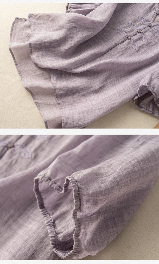 Blusa de Algodón y Lino Bordada con Cuello en V y Manga Corta - Image 12