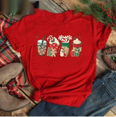 Red women's t-shirt with "Merry Christmas" text and three Christmas trees, featuring buffalo plaid and leopard print. - Image 12