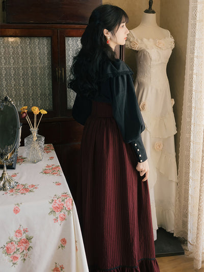 Conjunto Retro Elegante: Blusa Manga Larga y Falda Midi - Image 7