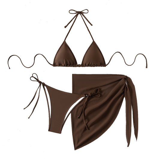 Solid brown three-piece bikini swimsuit set with a triangle top, beaded accessory, and matching sarong skirt. - Image 5