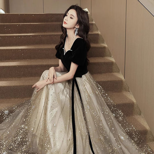 Vestido de Noche Negro Elegante de Lujo Francés para Mujer