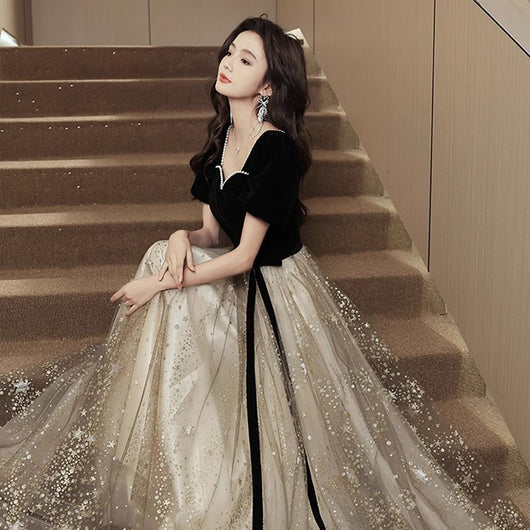 Vestido de Noche Negro Elegante de Lujo Francés para Mujer
