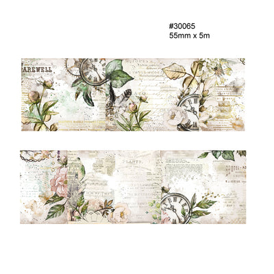 Two rolls of vintage floral washi tape with clocks, feathers, and text overlays, measuring 55mm x 5m. - Image 10