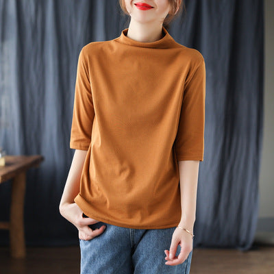 Blusa de Algodón Manga Media Suelta Cuello Alto Estilo Literario - Image 9