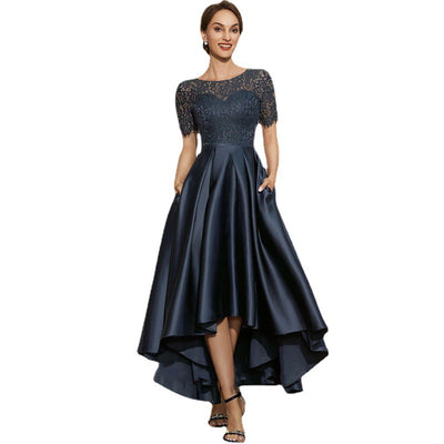 Vestido Corto de Satén Azul Marino con Encaje y Manga Corta - Image 7