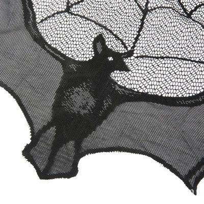 Black lace Halloween curtain with a spider web pattern and a hanging bat figure, perfect for spooky decor. - Image 11