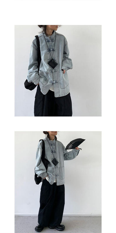 Camisa Denim Unisex con Cuello Parado y Botones Rana Retro - Image 12