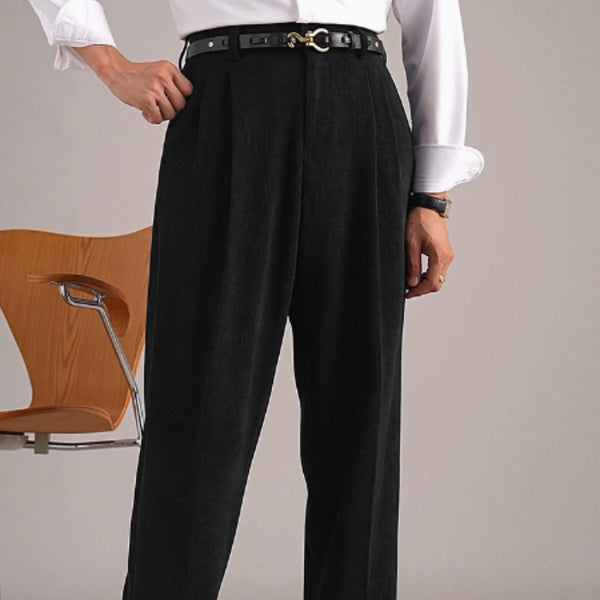 Pantalones Plisados Retro de Cintura Alta en Pana