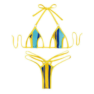 Women's blue and yellow striped two-piece swimsuit with a halter neck bikini top and strappy hollow-style bottoms. - Image 4