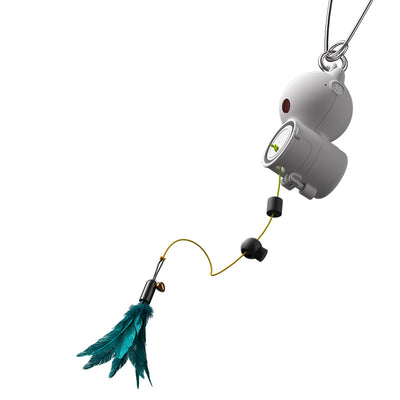 White retractable cat toy with a teal feather attachment hanging from a silver hook, designed for pet play. - Image 5