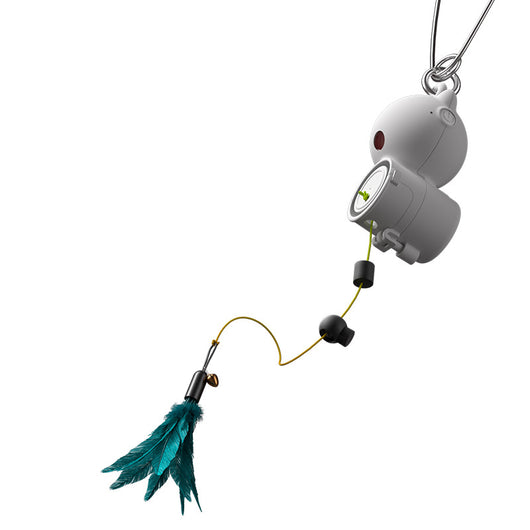 White retractable cat toy with a teal feather attachment hanging from a silver hook, designed for pet play. - Image 5