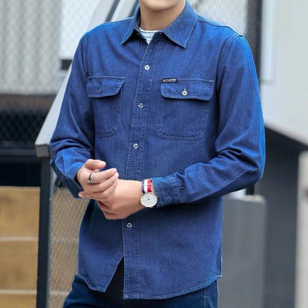 Camisa Denim Ligera Manga Larga Suelta para Hombre Otoño