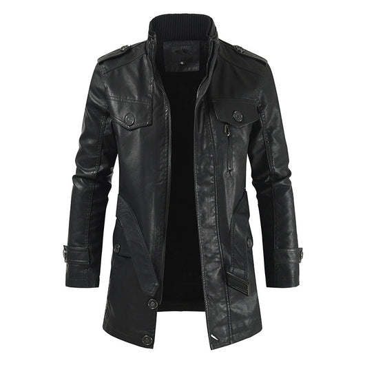 Abrigo Trench de Cuero con Cuello Mao y Forro de Terciopelo para Hombre - Image 12