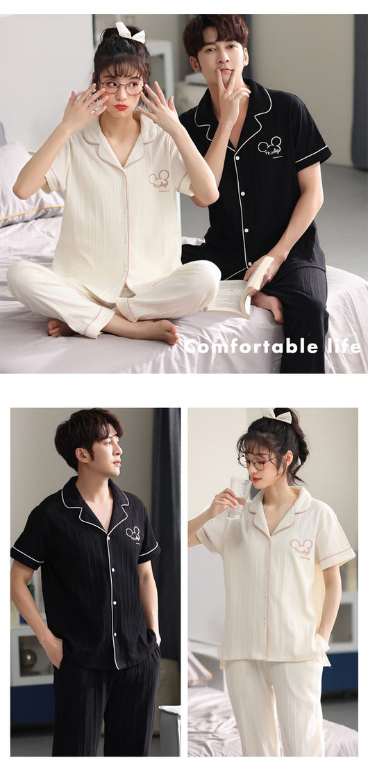 Matching red cotton couple pajamas with short sleeves, long pants, gold piping, and "Love you Dnaw" embroidery. - Image 16