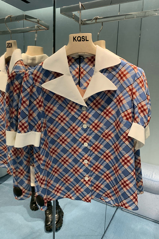 Camisa Suelta de Manga Corta con Cuello Solapa y Contraste de Cuadros Diamante - Image 5
