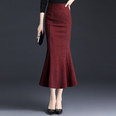 Falda Midi Ajustada Cuadros Rojo con Corte Sirena - Image 3