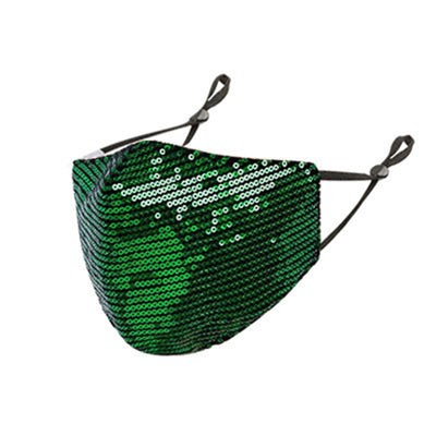 Green sequined adult face mask with adjustable black ear loops, designed for dust protection. - Image 20