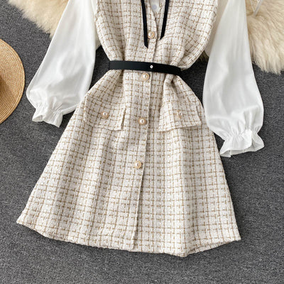 Vestido Houndstooth con Tirantes y Mangas Puff - Image 28